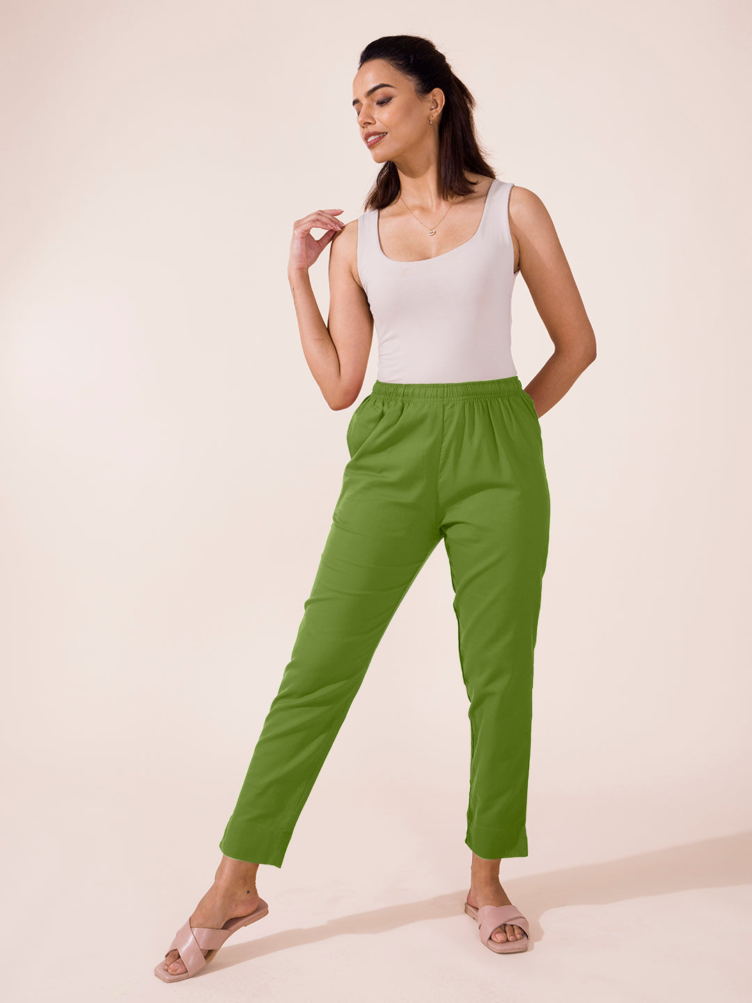 Pista Green Cotton Pencil Pant