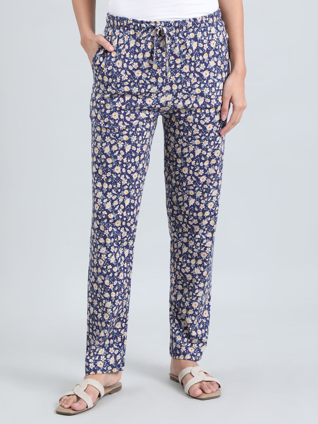 Navy Cotton Knit Printed Lounge Pants