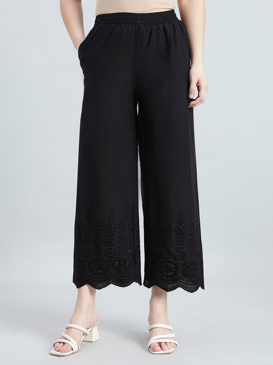 Black 100% Cotton Embroidered Wide Pant