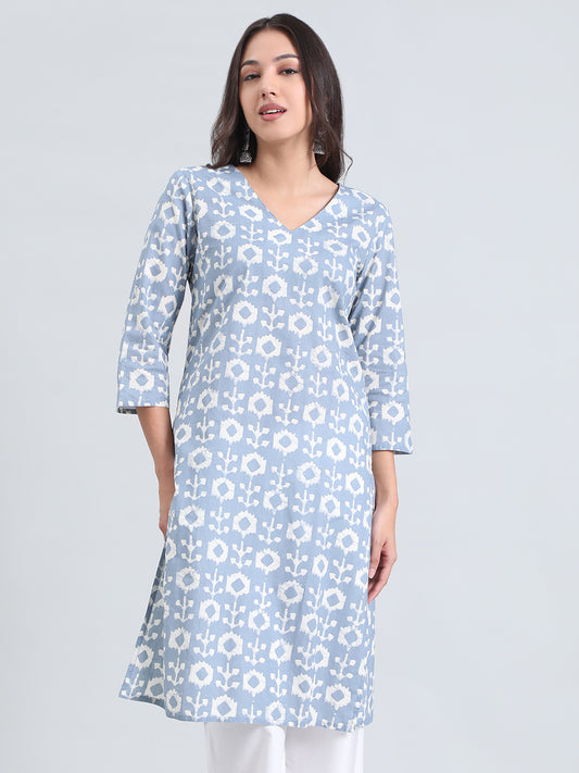 Cotton Ikat Block Print Straight Kurta