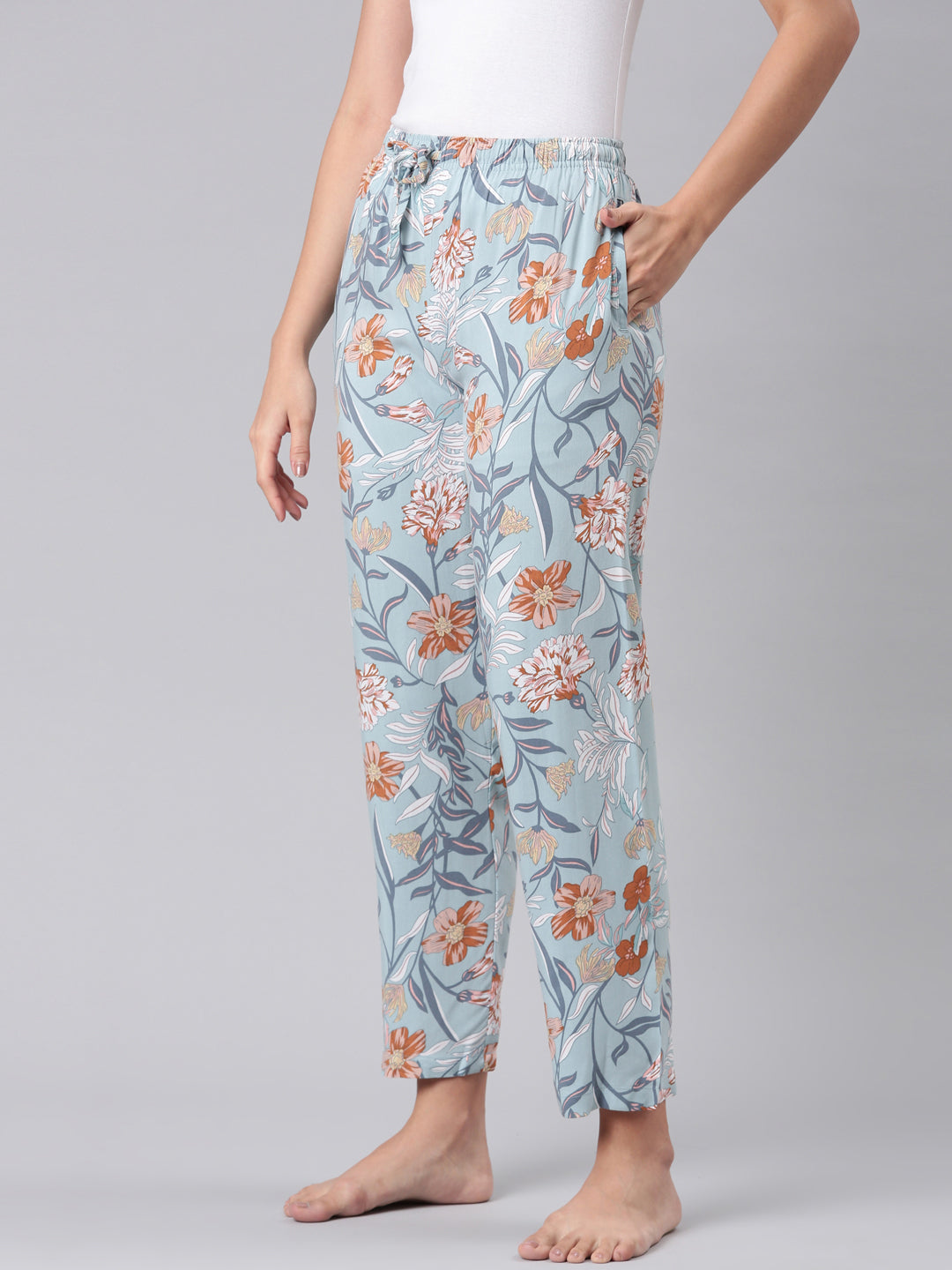 Blue Woven Viscose Printed Lounge Pants