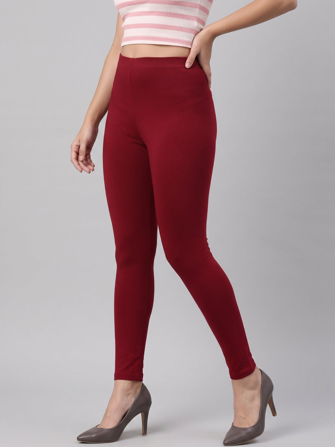 Bright Red Cotton Stretch Ankle Length Leggings