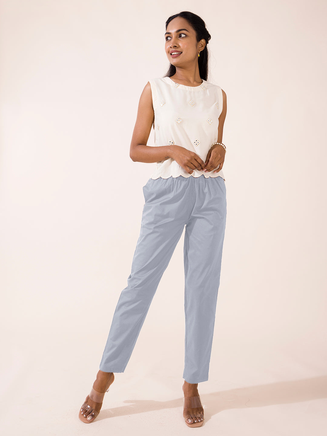 Ice Blue Cotton Cambric Cotton Pants