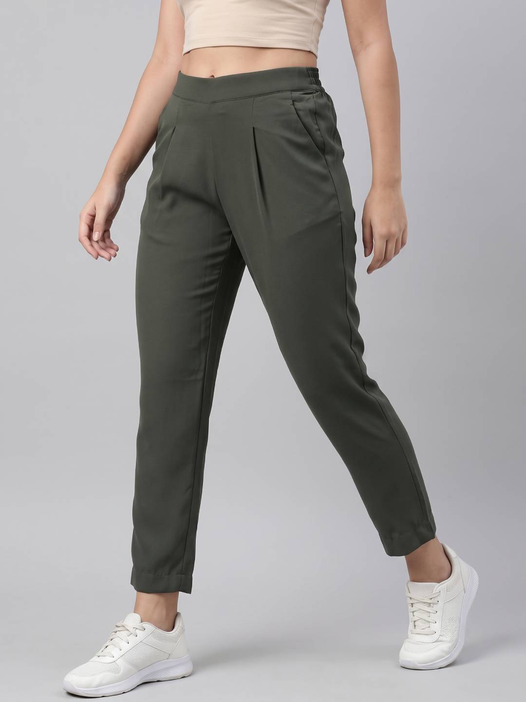Olive Green Woven Cotton Stretch Formal Trouser