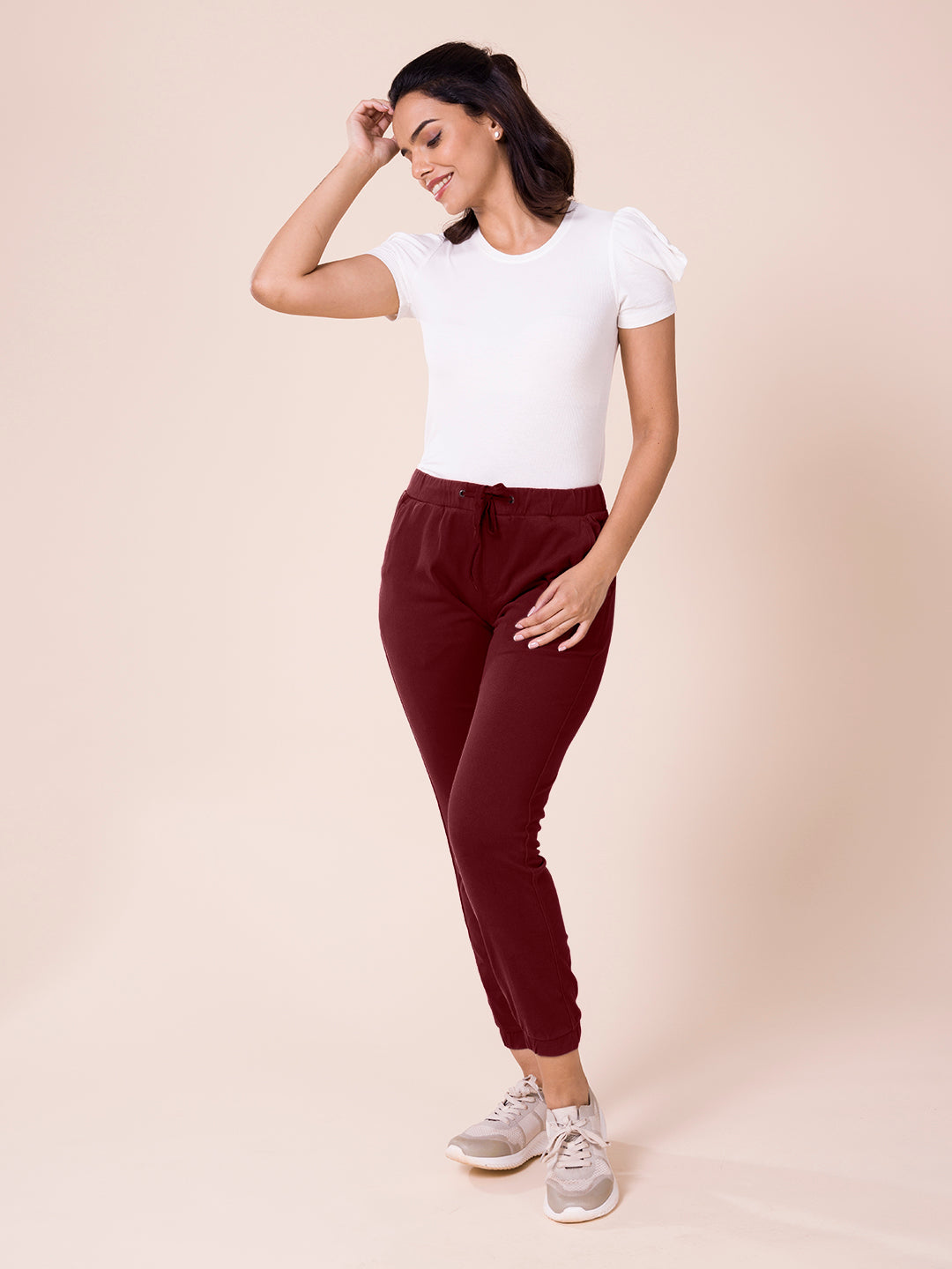 Maroon Cotton Poly Stretch Cuffed Joggers