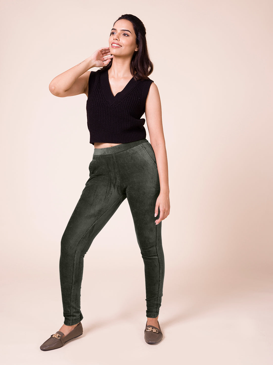 Olive Green Cotton Polyester Corduroy Jeggings