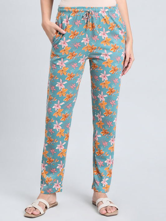 Green Cotton Knit Printed Lounge Pants