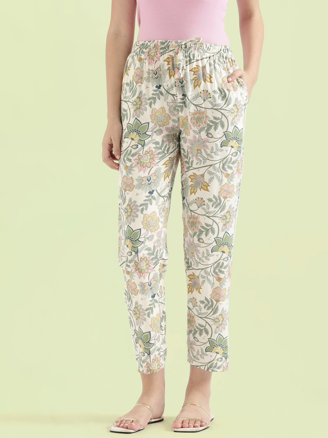 White Woven Viscose Printed Lounge Pants