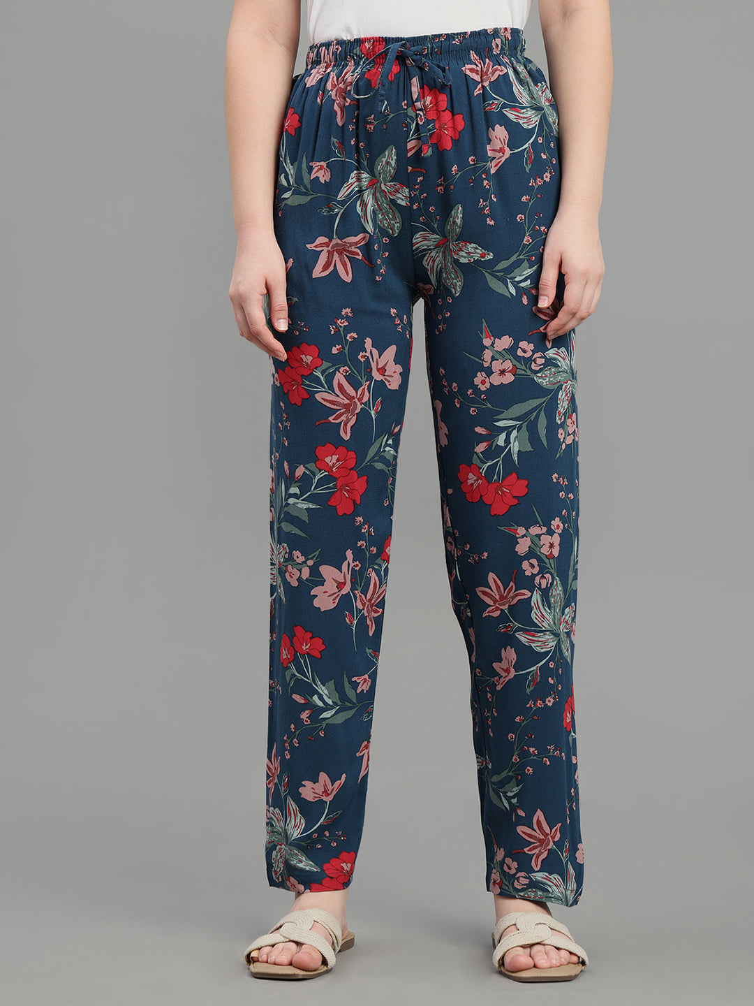 Navy Woven Viscose Printed Lounge Pants