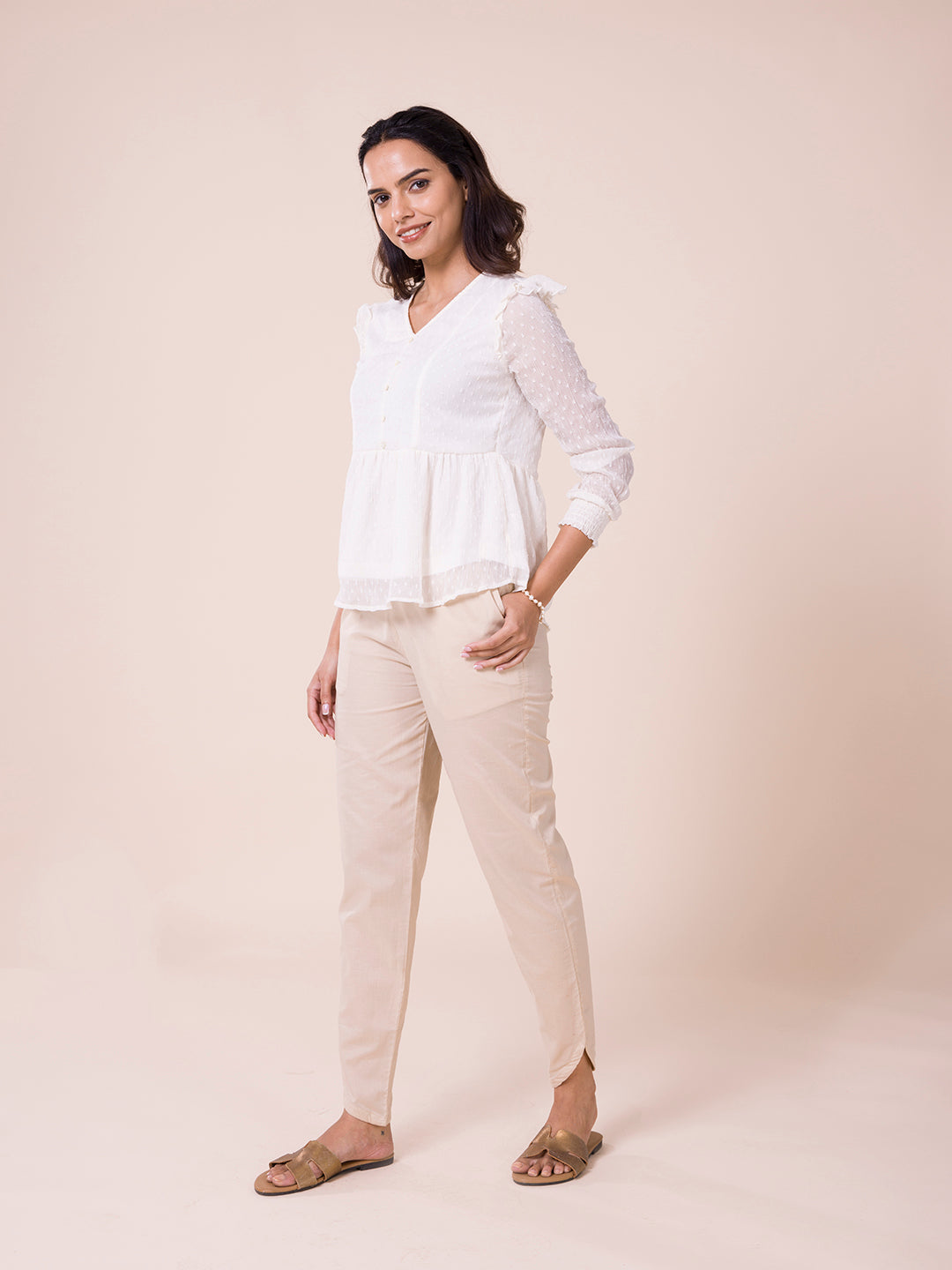 Light Beige Cotton Stretch Dhoti Pant