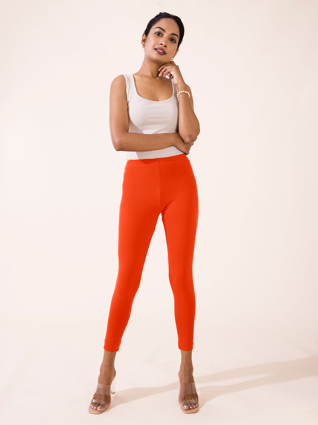 Orange Cotton Stretch Ankle Length Leggings