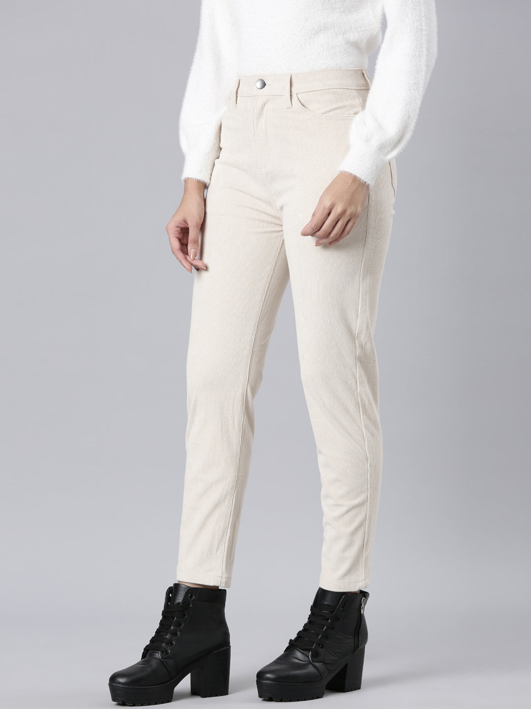 Cream Tight Knit Corduroy Pants