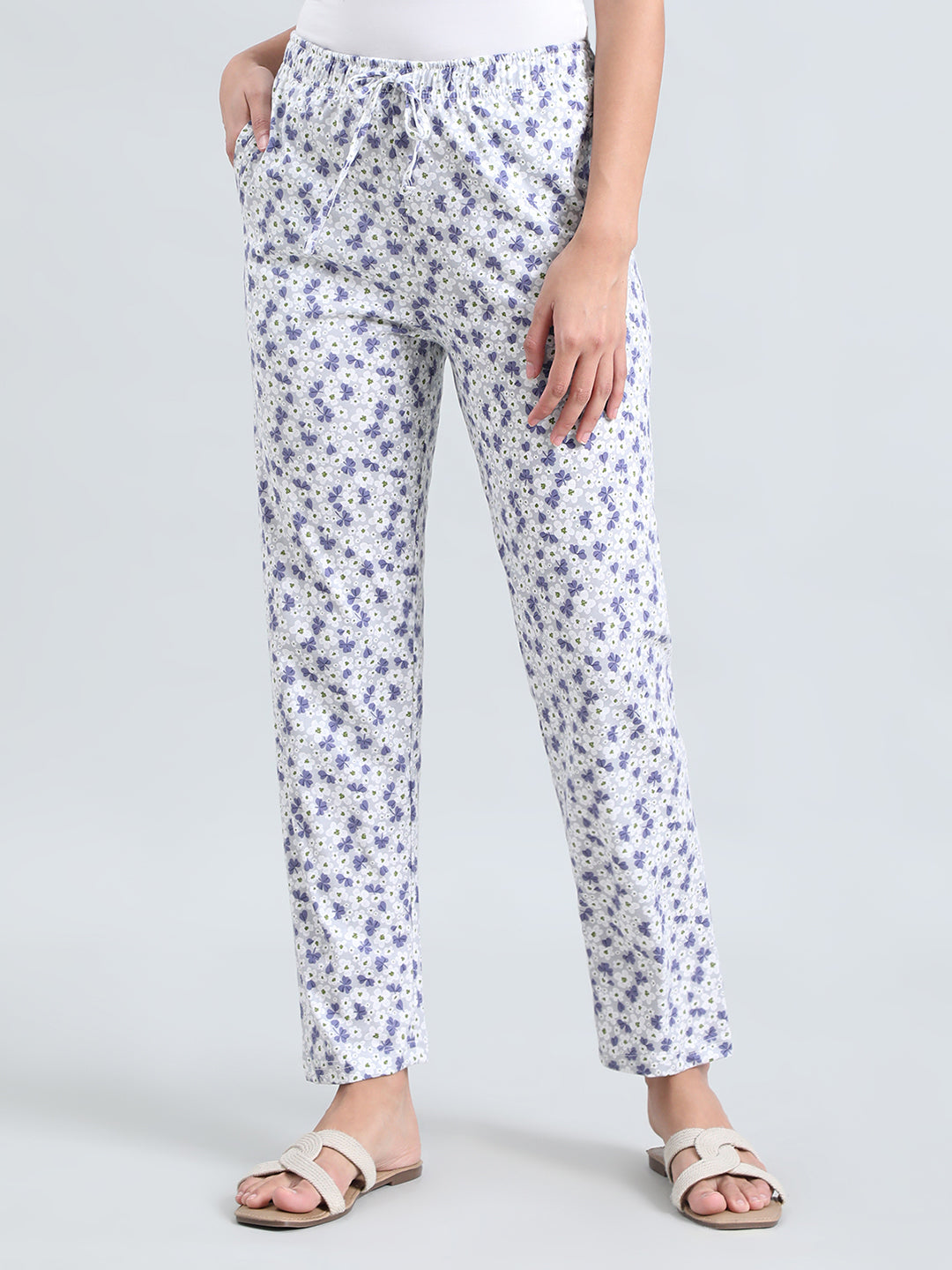White Cotton Knit Printed Lounge Pants
