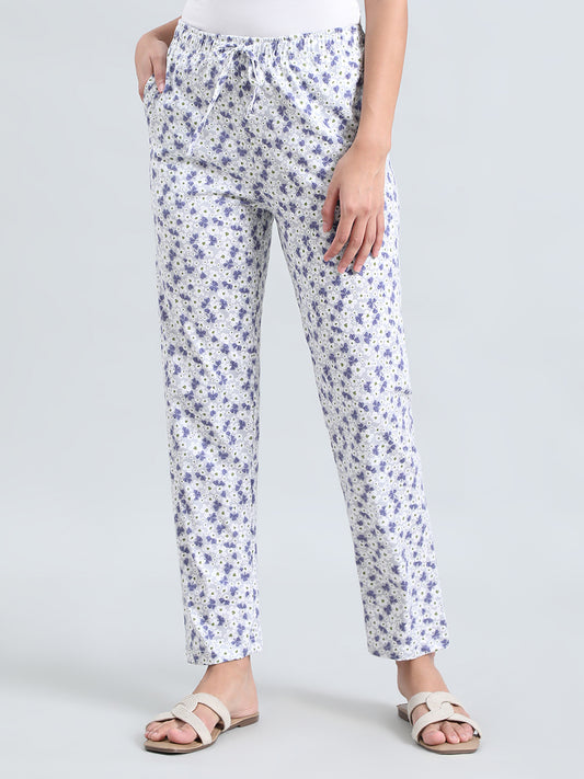 White Cotton Knit Printed Lounge Pants