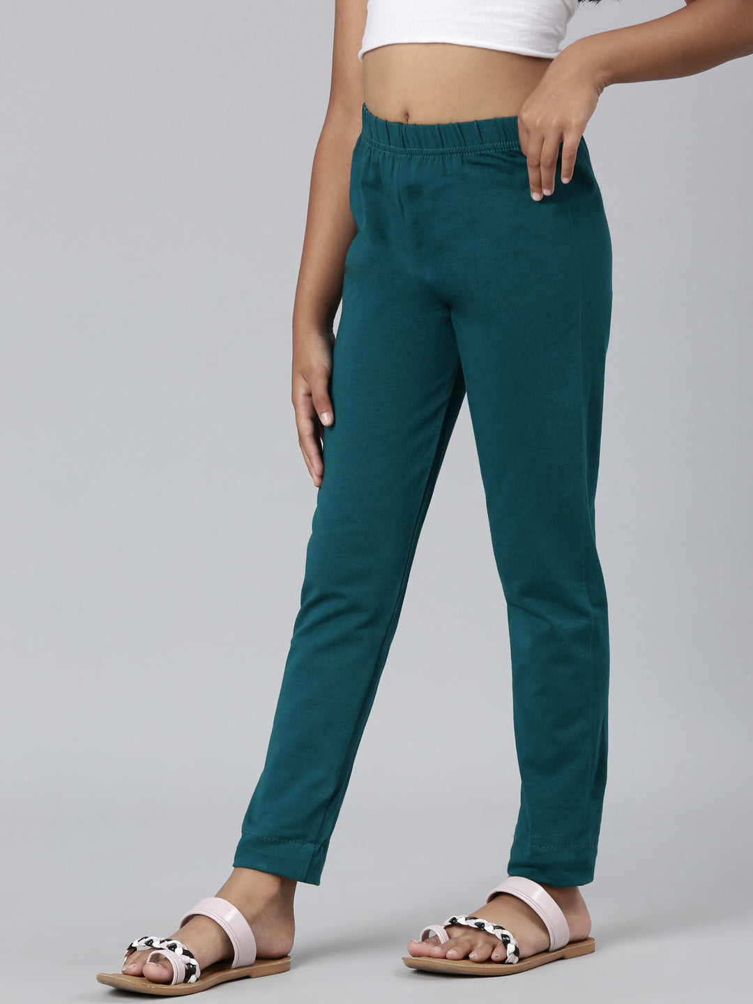 Bright Turquoise Cotton Stretch  Ankle Length Leggings