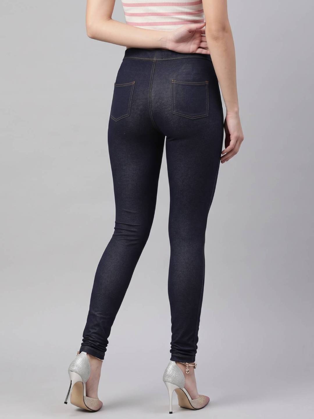 Blue Cotton Poly Stretch Knit Jeggings