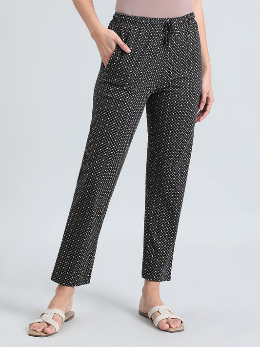 Black Cotton Knit Printed Lounge Pants