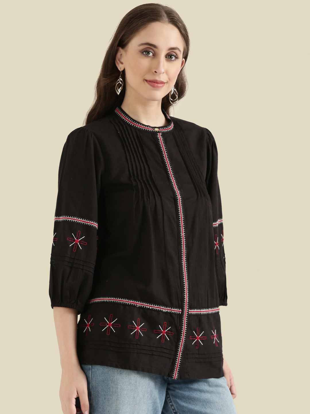 Cotton Embroidered Pintuck Blouse