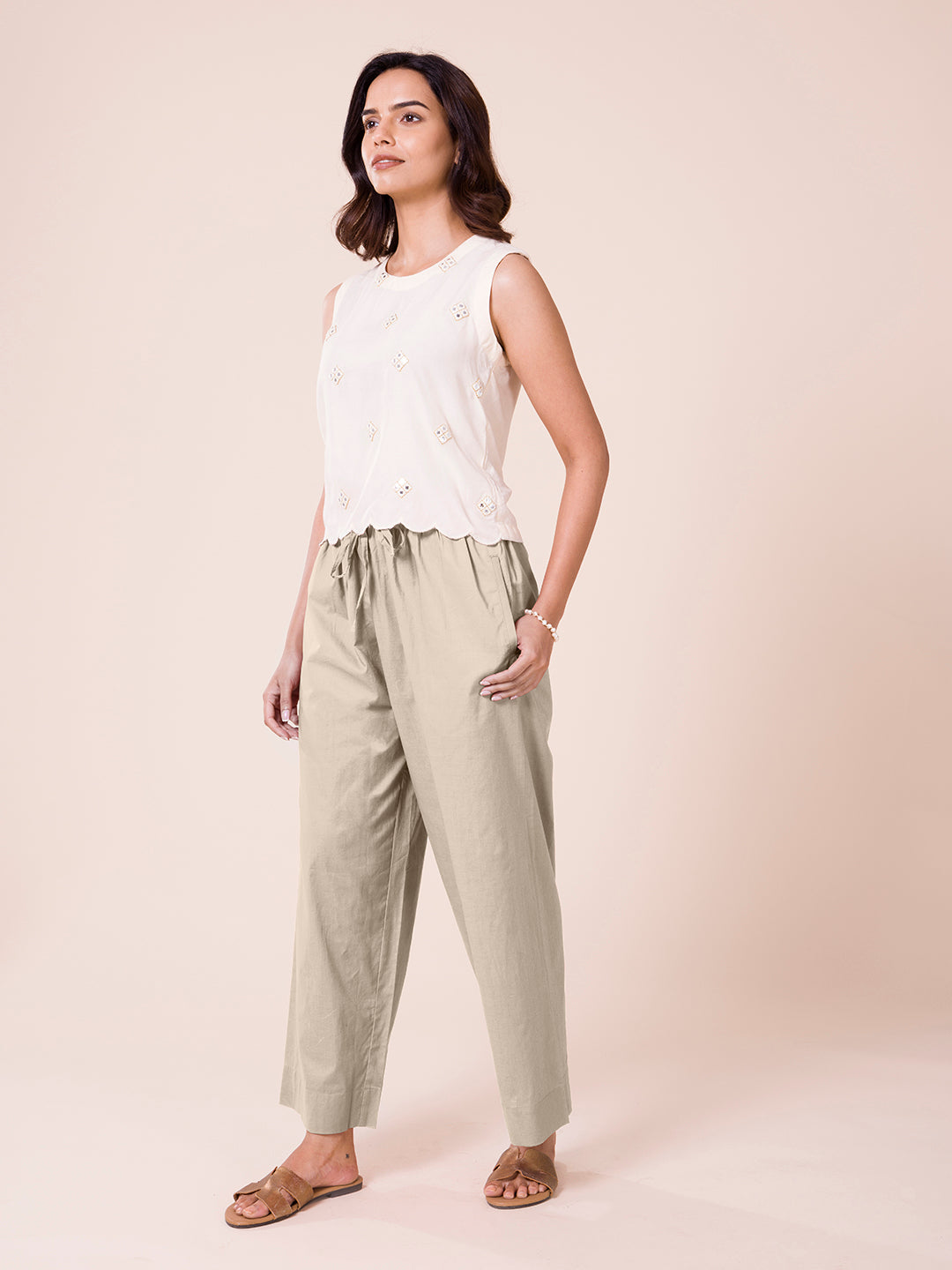 Light Beige Cotton Wide Leg Pants