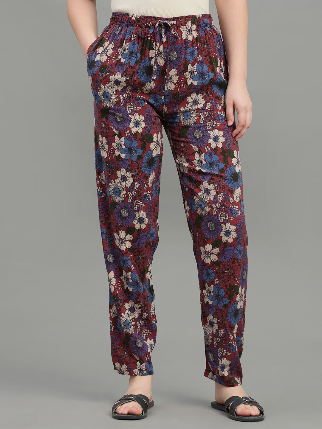 Maroon Woven Viscose Printed Lounge Pants