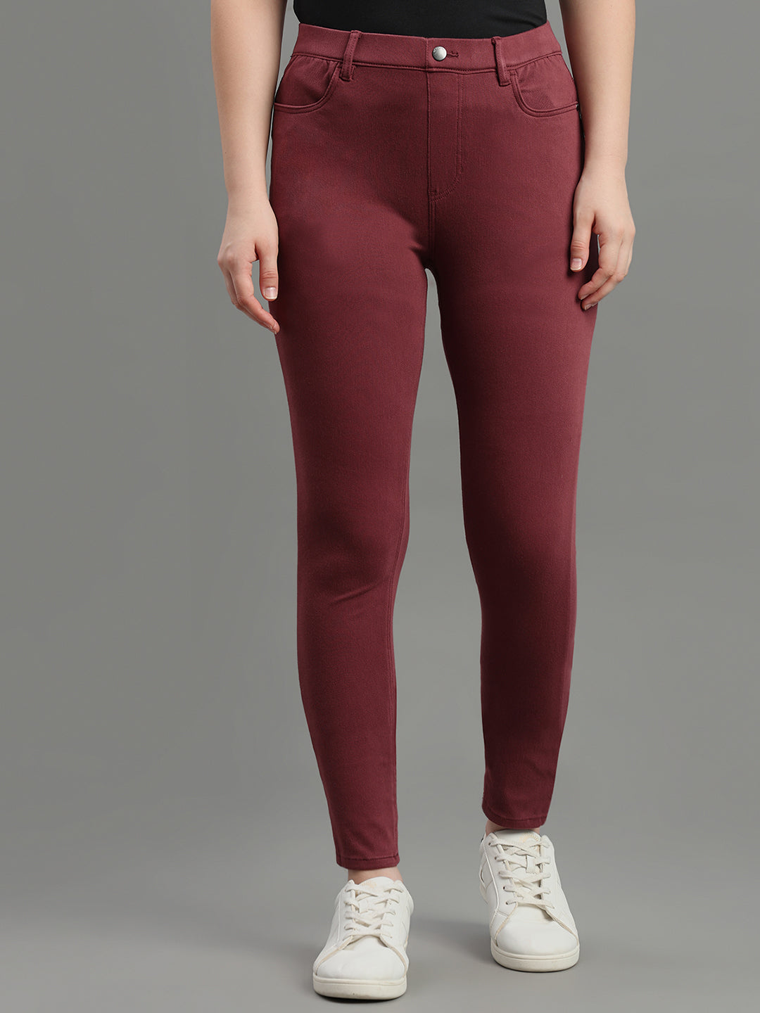 Light Maroon Cotton Polyester Super Stretch Jeggings