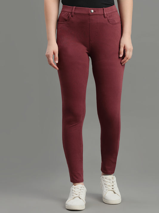 Light Maroon Cotton Polyester Super Stretch Jeggings