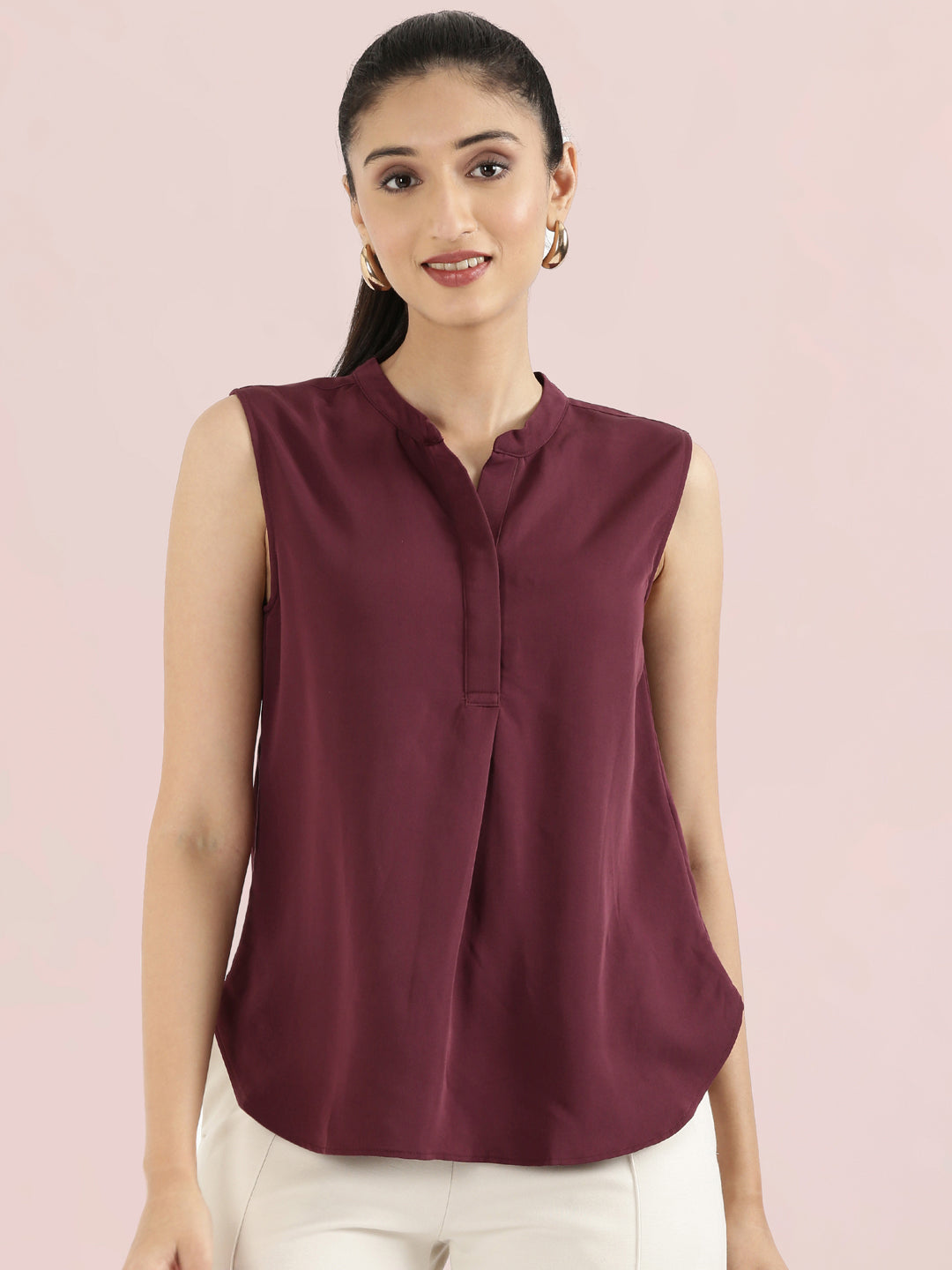 Rayon Mandarin Collar Sleeveless Top
