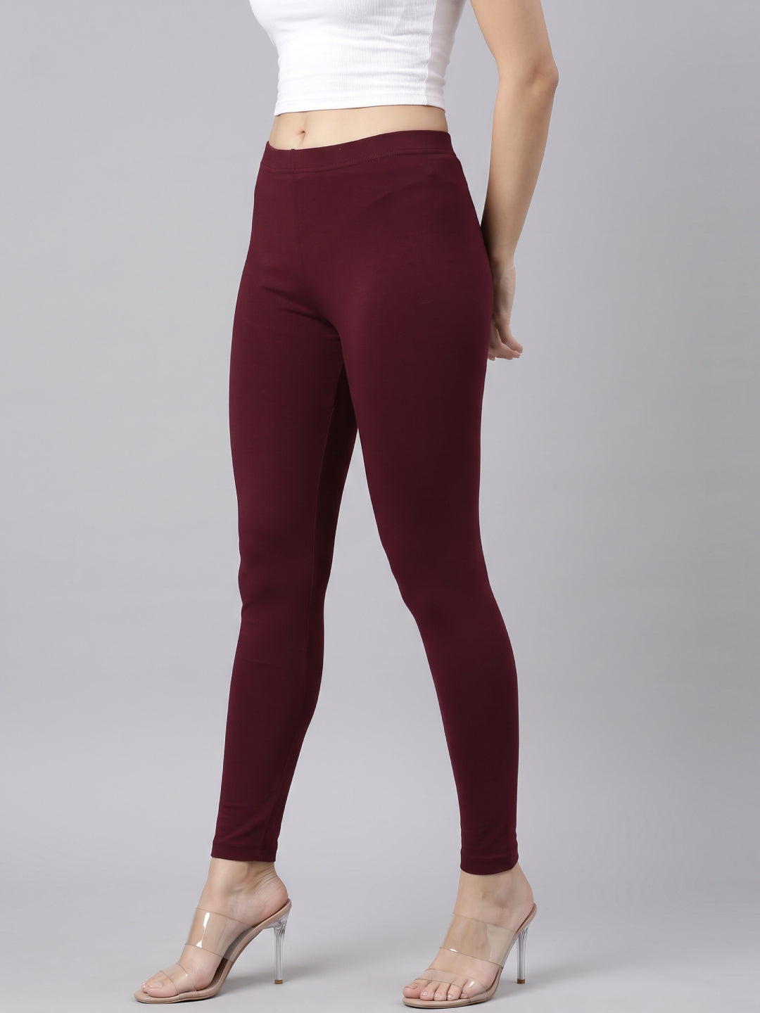 Bright Maroon Cotton Stretch Ankle Length Leggings