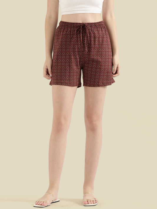 Brown Cotton Knit Printed Lounge Shorts
