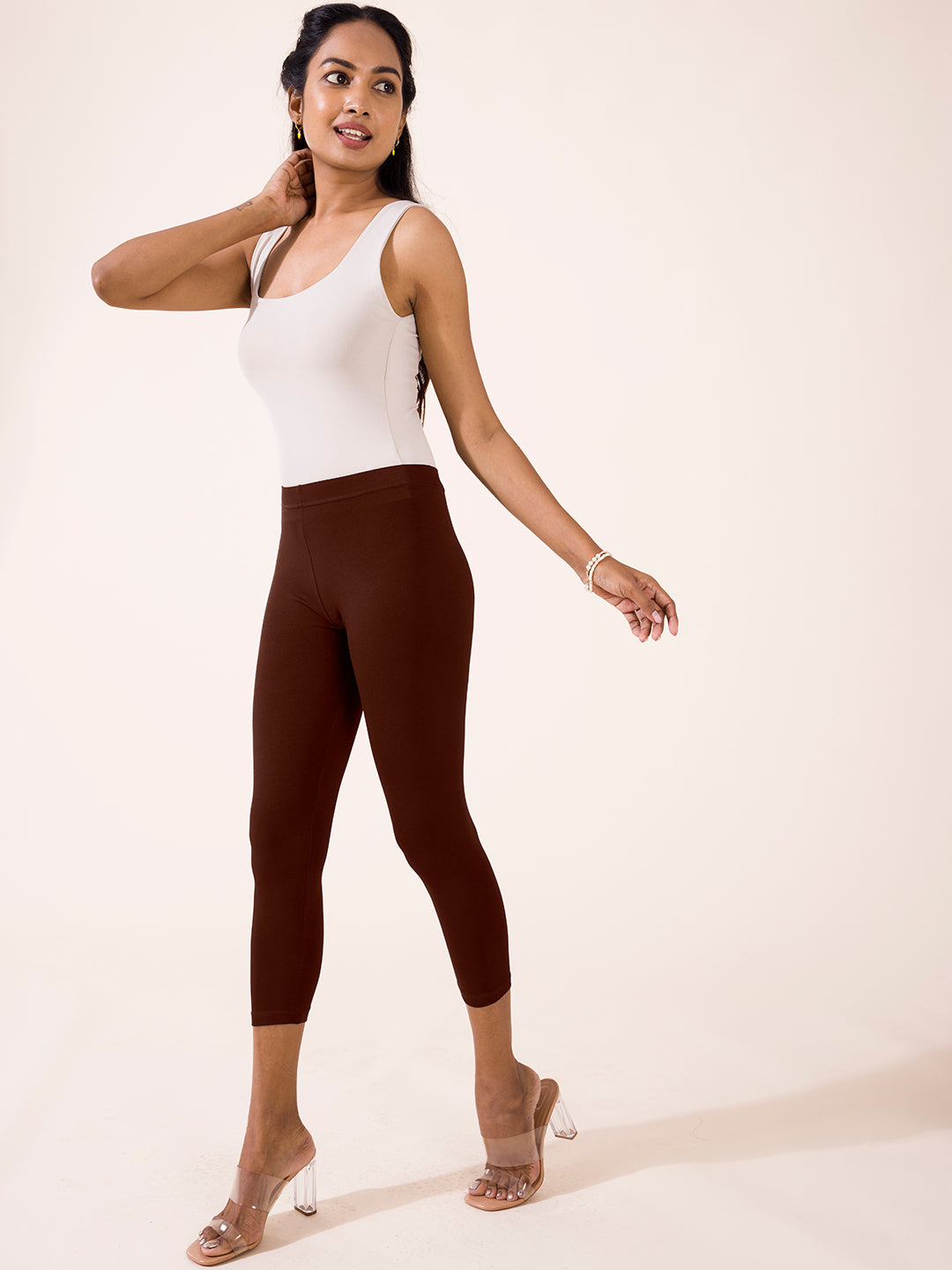 Dark Brown Cotton Stretch Cropped Leggings