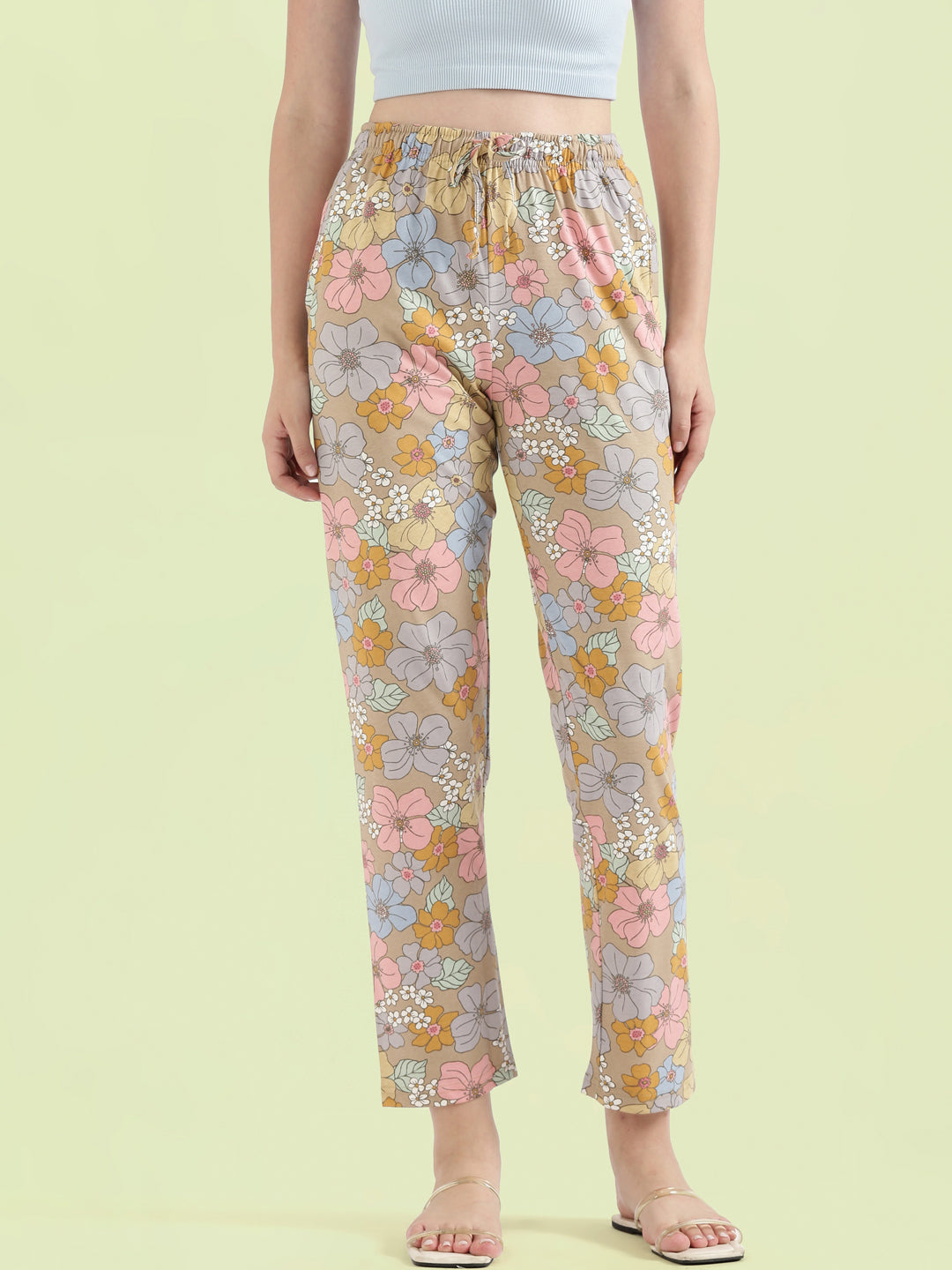 Beige Cotton Knit Printed Lounge Pants