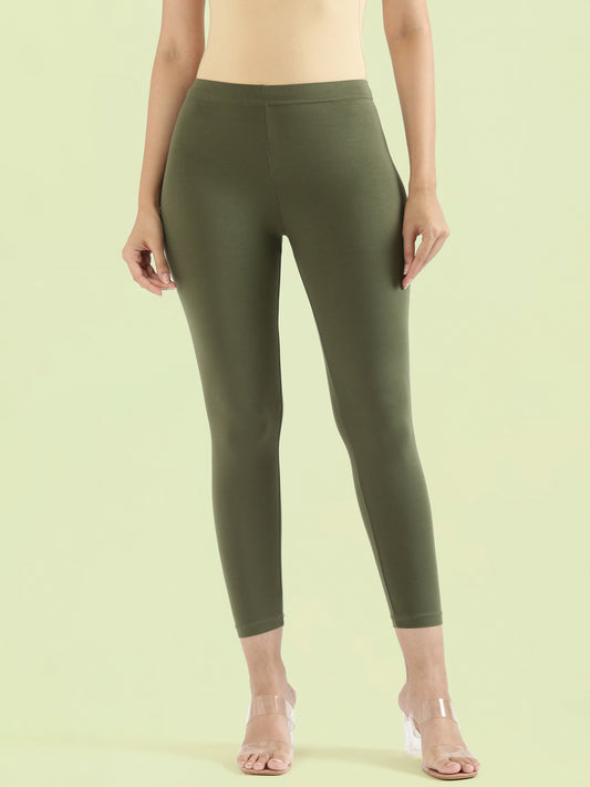 Olive Green Cotton Stretch Cropped Leggings