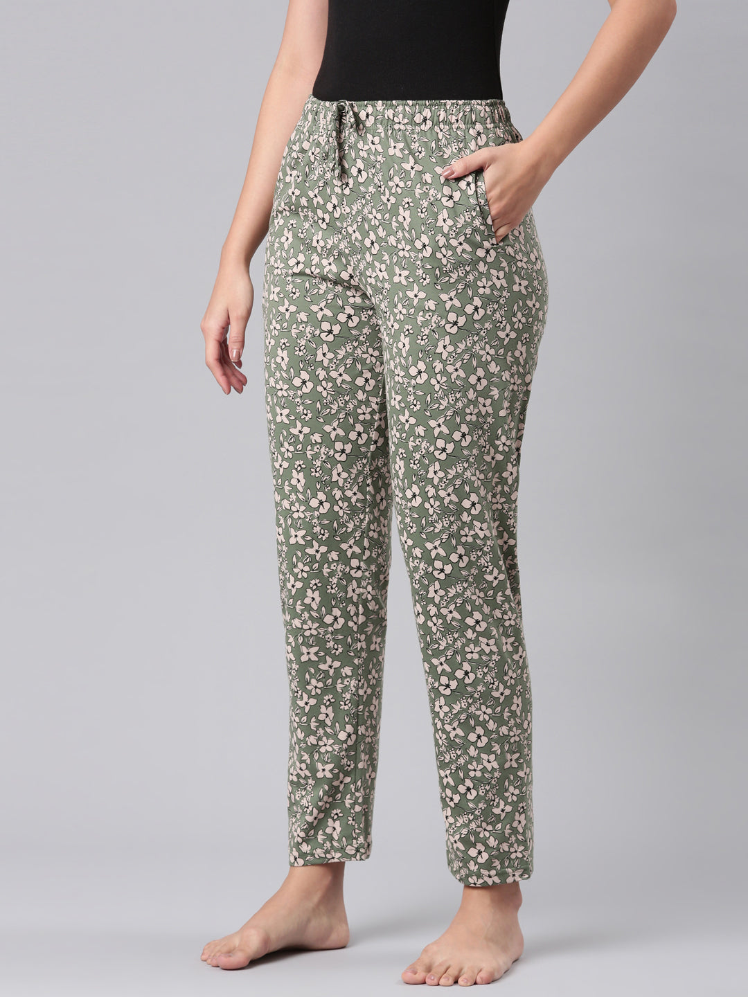 Green Cotton Knit Printed Lounge Pants