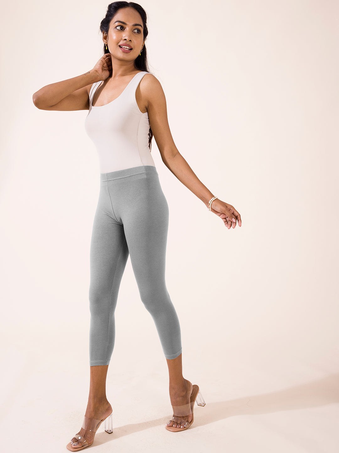 Ebony Grey Cotton Stretch Cropped Leggings