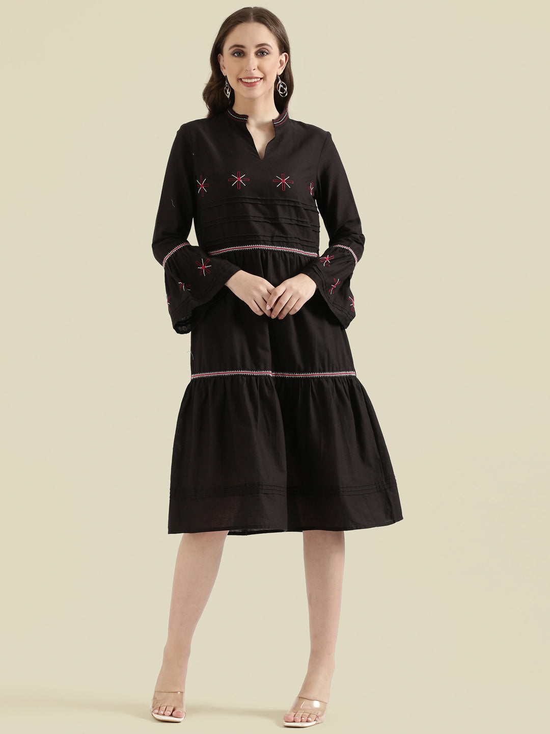 Cotton Embroidered Tiered Midi Dress