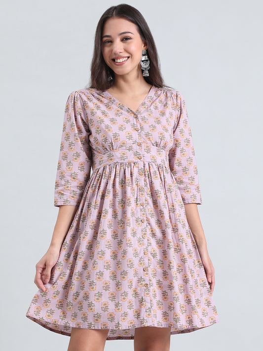 Cotton Sunflower Block Print Short Dress