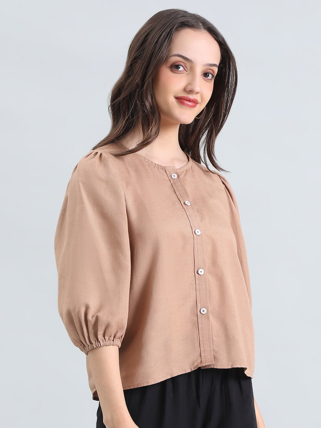 Linen Puff Sleeve Crew Neck Shirt