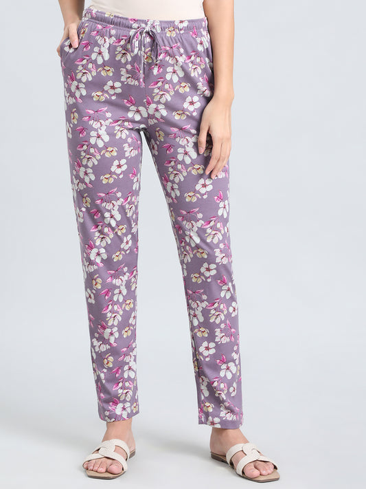 Purple Cotton Knit Printed Lounge Pants