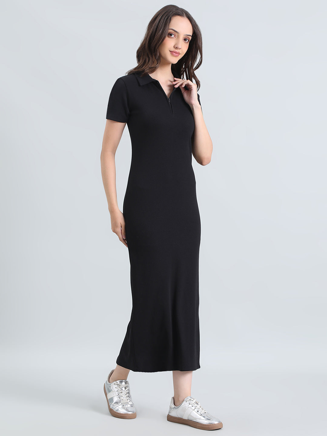 Rib Cotton Slim Fit Polo Neck Long Dress