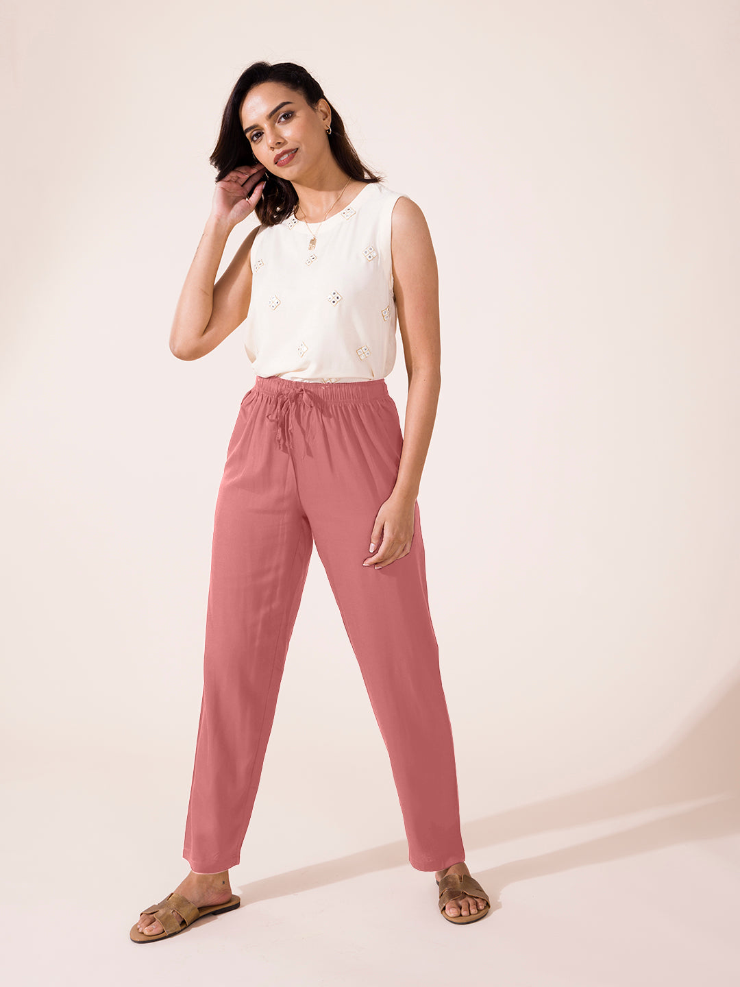 Dusty Pink Woven Viscose Casual Pants