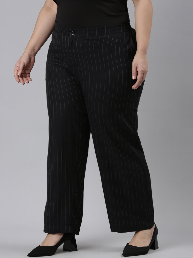 Women Black Stripes Cotton Wide Pants