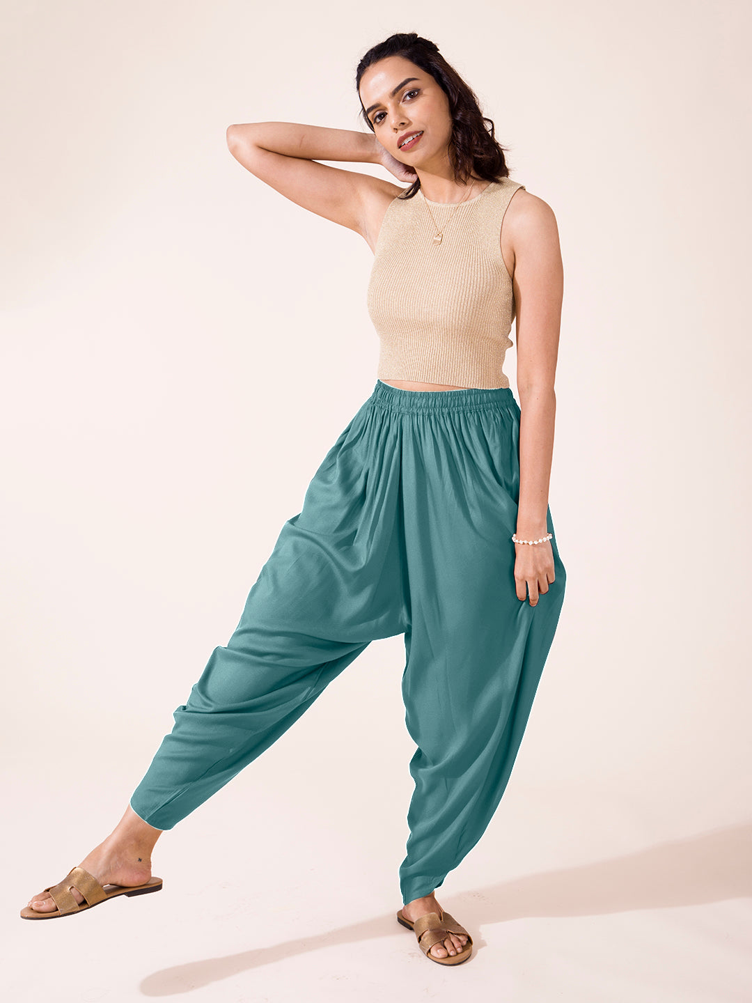 Teal Woven Viscose Harem Dhoti Pant