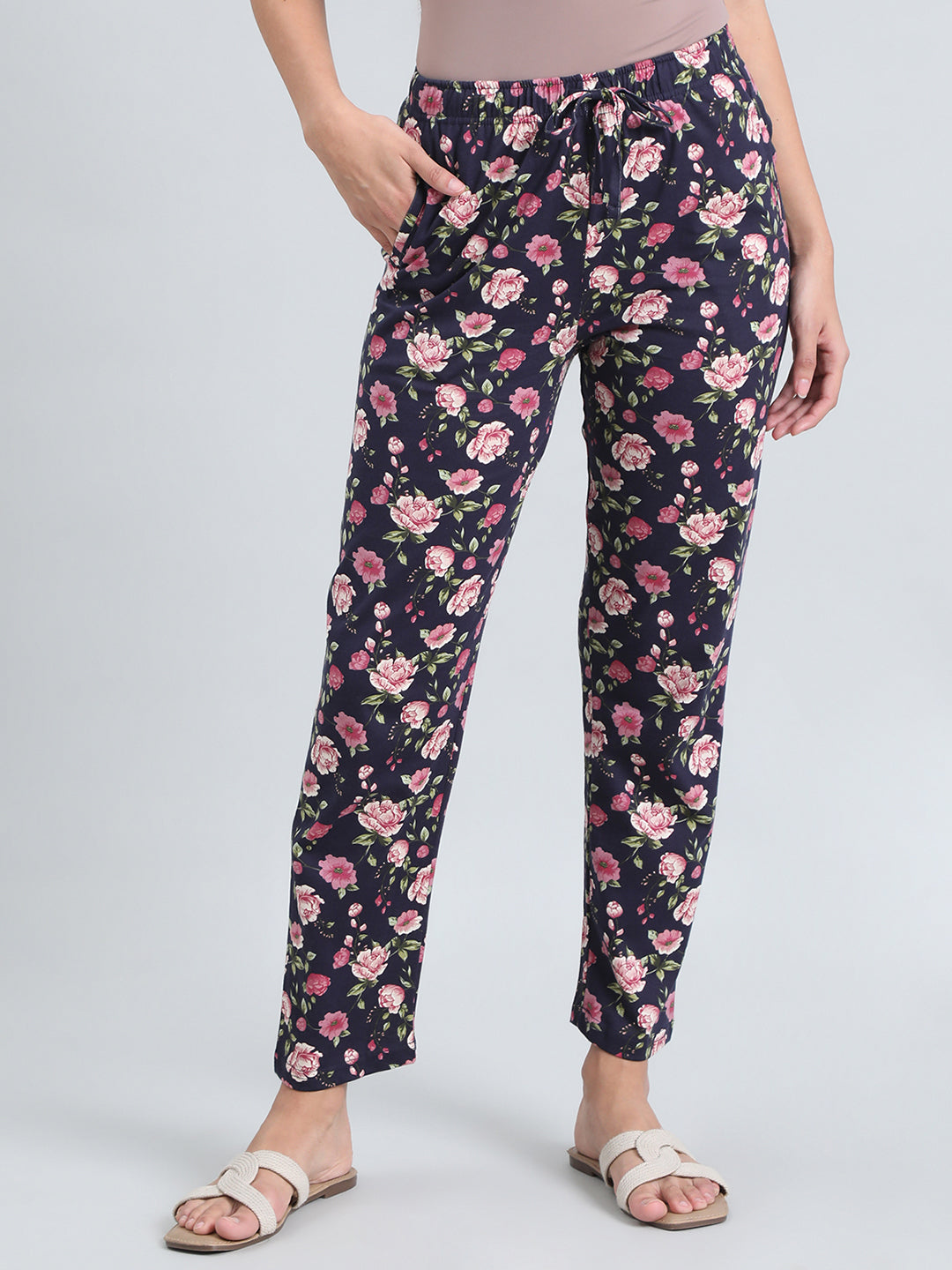 Navy Cotton Knit Printed Lounge Pants