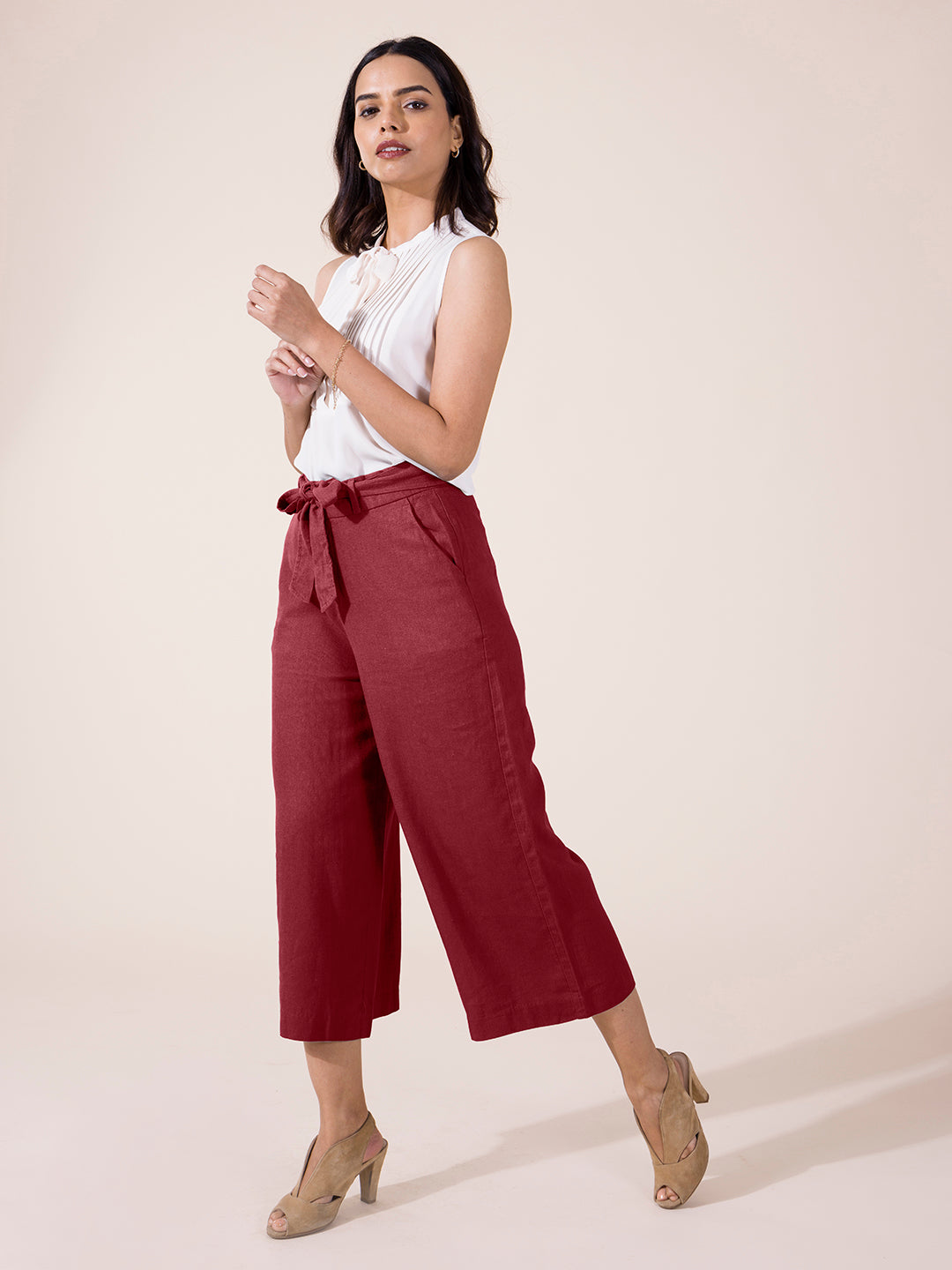 Bright Maroon Linen Blend Culottes