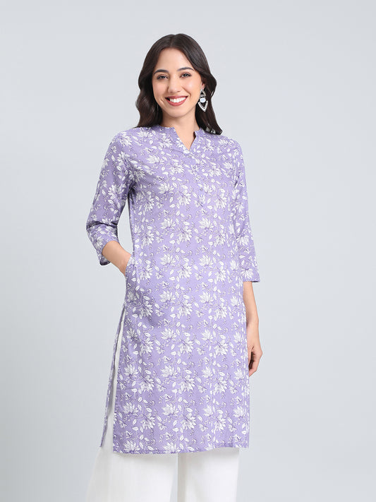 Cotton Floral Block Print Straight Kurta