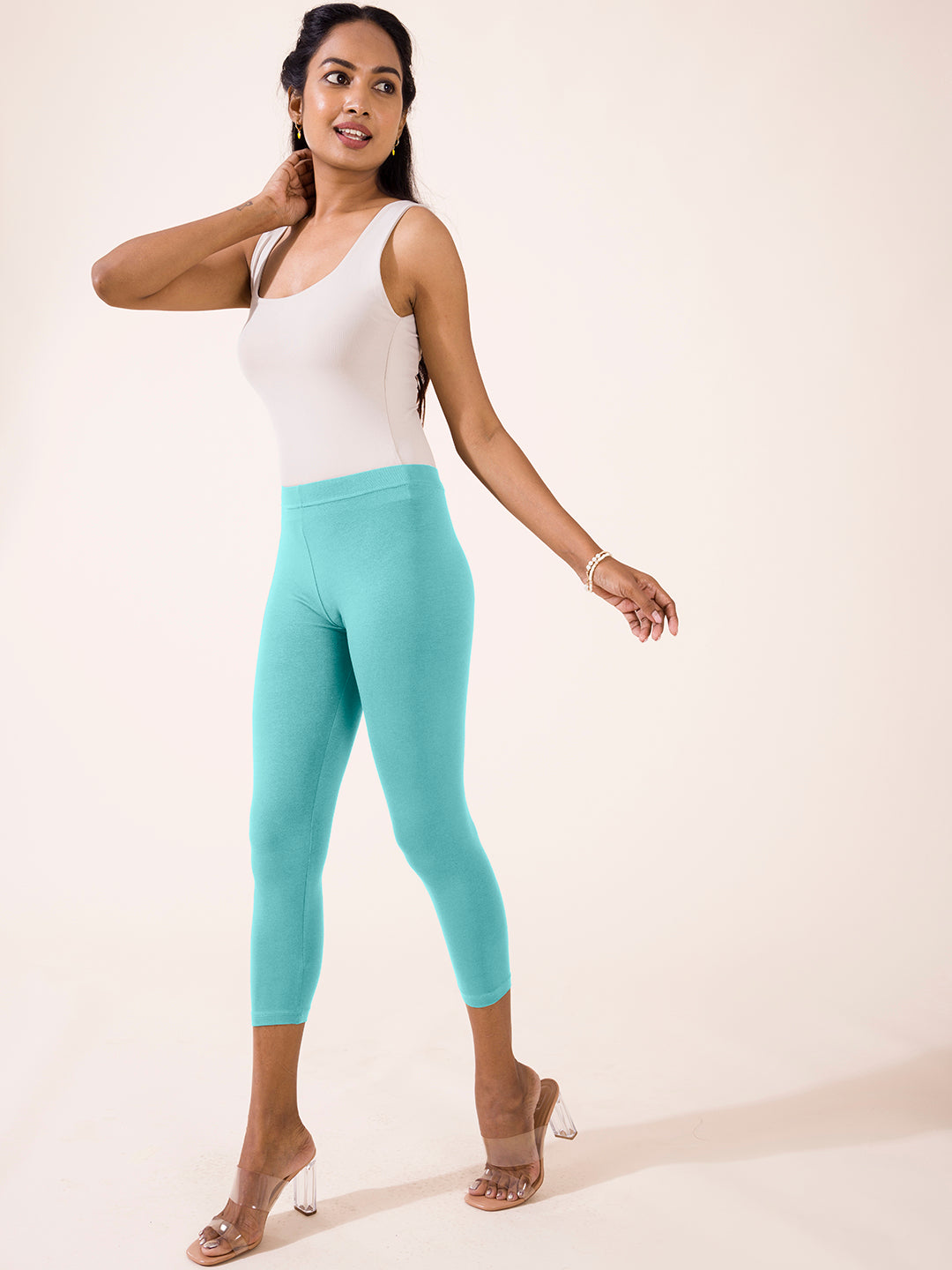 Light Mint Cotton Stretch Cropped Leggings