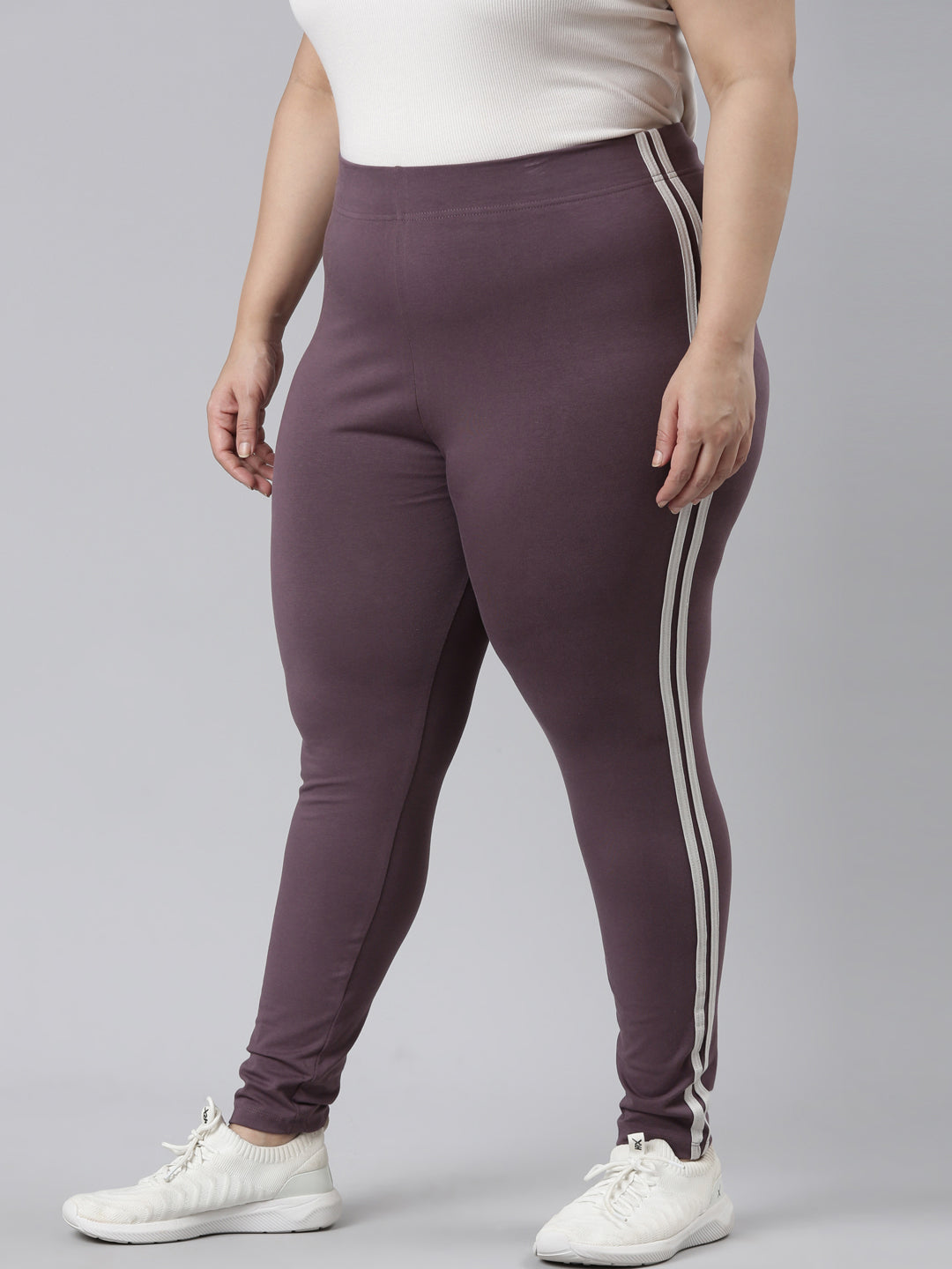 Purple Cotton Stretch Side Stripes Active Leggings – Go Colors India