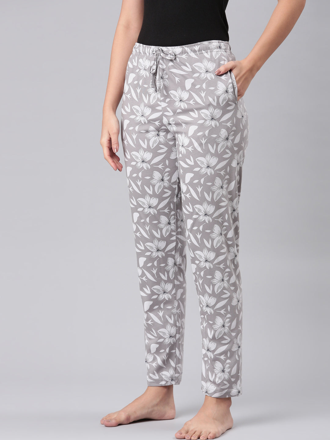 Grey Cotton Knit Printed Lounge Pants