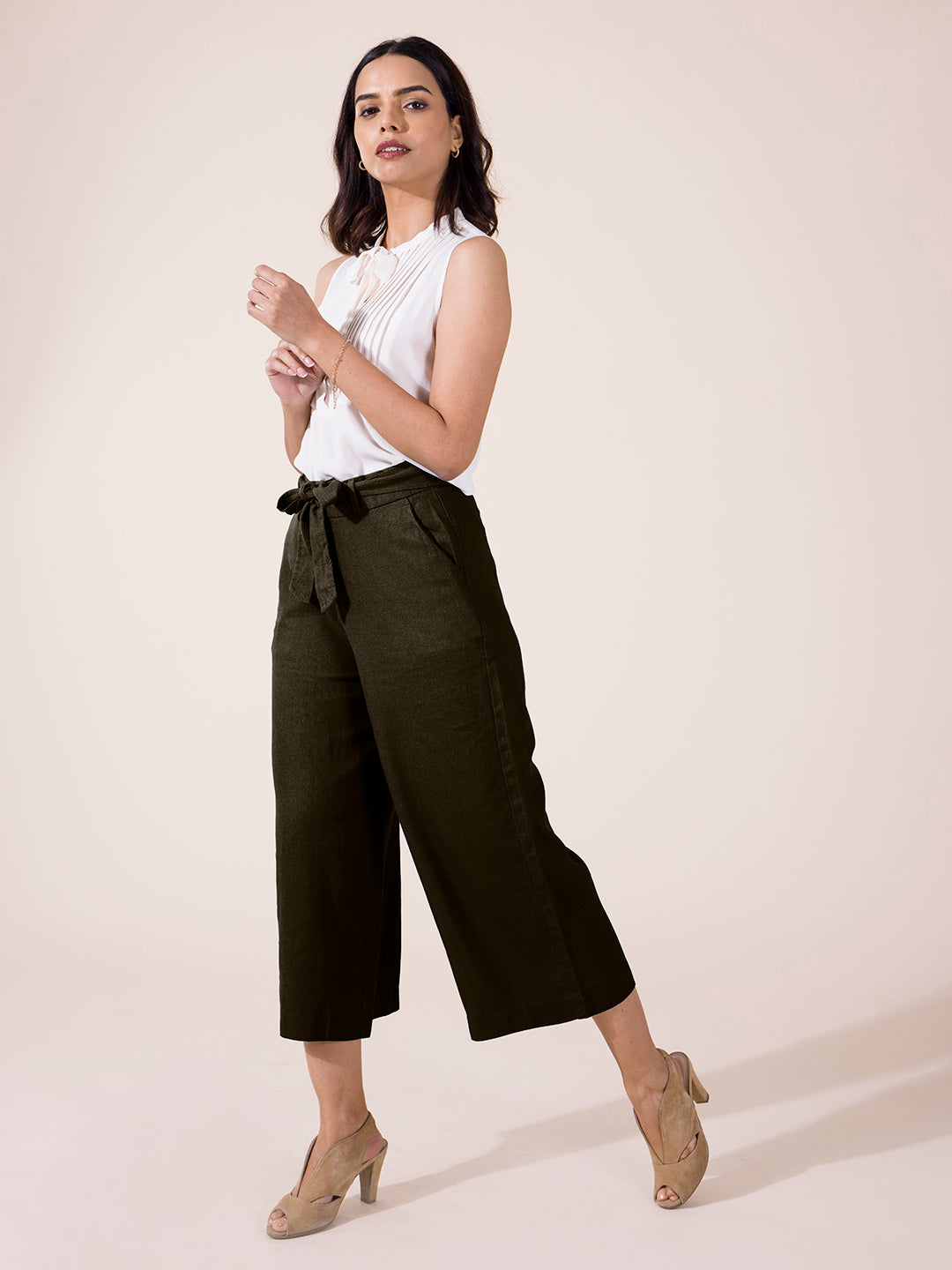 Olive Green Linen Blend Culottes