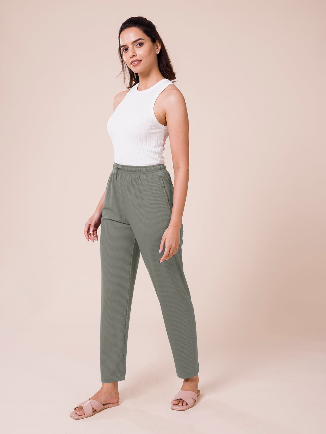 Ebony Grey Drop Needle Fabric Casual Rib Pant